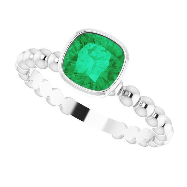 14K Gold Cushion Lab-Grown Emerald Family Beaded Stackable Ring - White Gold - view 5