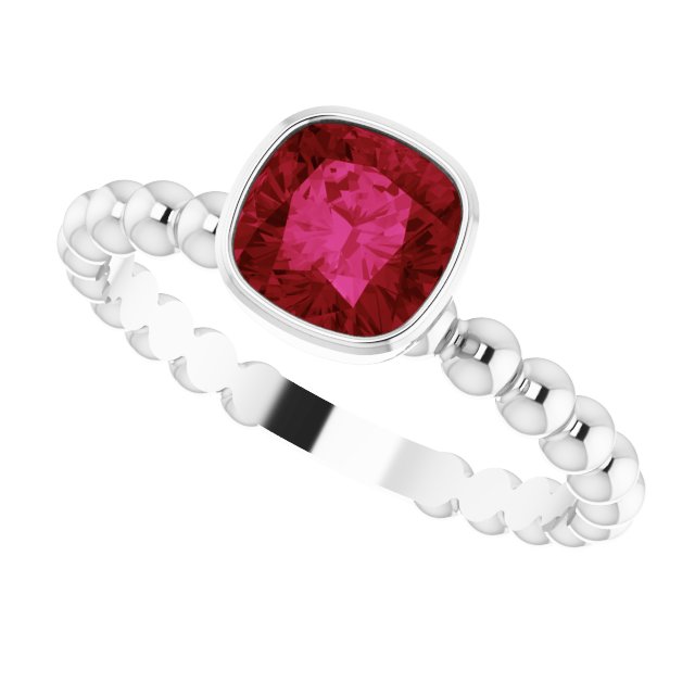 14K Gold Cushion Lab-Grown Ruby Family Beaded Stackable Ring - White Gold - view 5