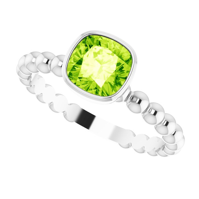 14K Gold Cushion Natural Peridot Family Beaded Stackable Ring - White Gold - view 5