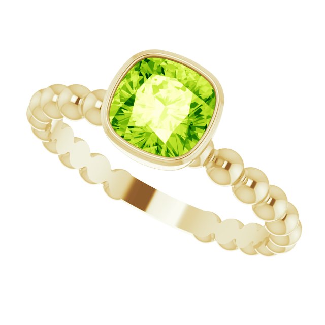14K Gold Cushion Natural Peridot Family Beaded Stackable Ring - Yellow Gold - view 5