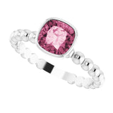 14K Gold Cushion Natural Pink Tourmaline Family Beaded Stackable Ring - White Gold - view 5