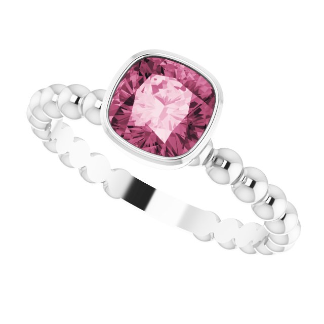 14K Gold Cushion Natural Pink Tourmaline Family Beaded Stackable Ring - White Gold - view 5