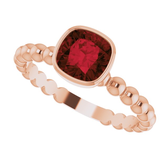 14K Gold Cushion Natural Mozambique Garnet Family Beaded Stackable Ring - Rose Gold - view 6
