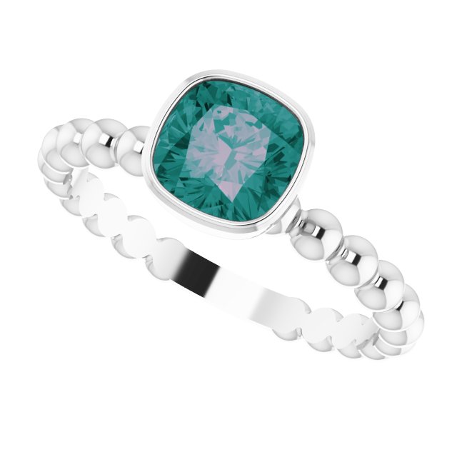 14K Gold Cushion Lab-Grown Alexandrite Family Beaded Stackable Ring - White Gold - view 5