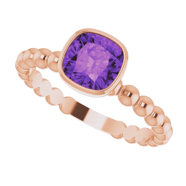 14K Gold Cushion Natural Amethyst Family Beaded Stackable Ring - Rose Gold - view 6
