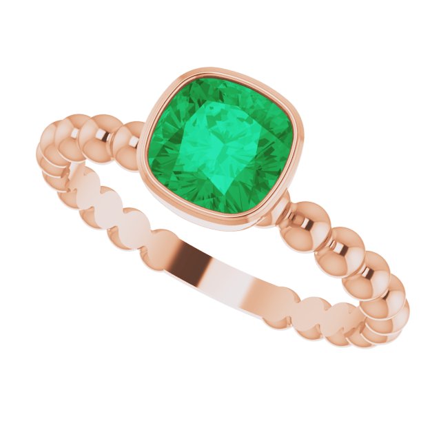 14K Gold Cushion Lab-Grown Emerald Family Beaded Stackable Ring - Rose Gold - view 6