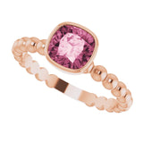 14K Gold Cushion Natural Pink Tourmaline Family Beaded Stackable Ring - Rose Gold - view 6