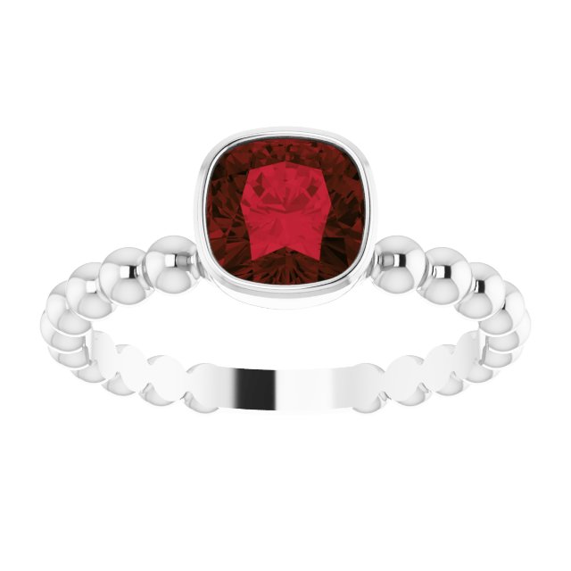 14K Gold Cushion Natural Mozambique Garnet Family Beaded Stackable Ring - White Gold - view 3