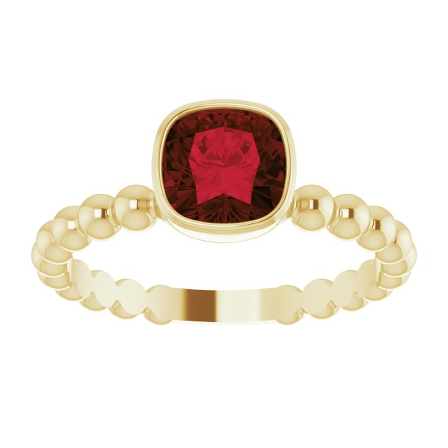 14K Gold Cushion Natural Mozambique Garnet Family Beaded Stackable Ring - Yellow Gold - view 3