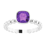 14K Gold Cushion Natural Amethyst Family Beaded Stackable Ring - White Gold - view 3