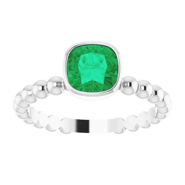 14K Gold Cushion Lab-Grown Emerald Family Beaded Stackable Ring - White Gold - view 3
