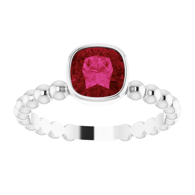 14K Gold Cushion Lab-Grown Ruby Family Beaded Stackable Ring - White Gold - view 3
