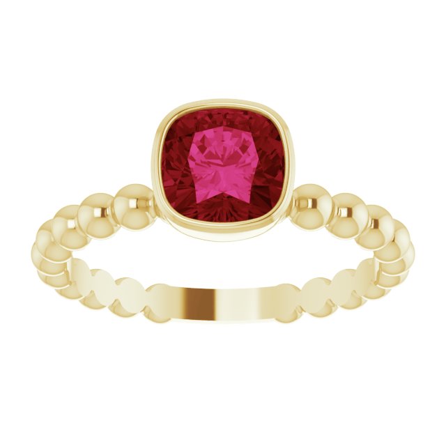 14K Gold Cushion Lab-Grown Ruby Family Beaded Stackable Ring - Yellow Gold - view 3