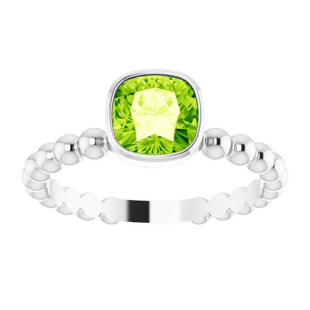 14K Gold Cushion Natural Peridot Family Beaded Stackable Ring - White Gold - view 3