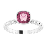 14K Gold Cushion Natural Pink Tourmaline Family Beaded Stackable Ring - White Gold - view 3