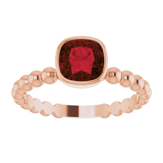 14K Gold Cushion Natural Mozambique Garnet Family Beaded Stackable Ring - Rose Gold - view 3