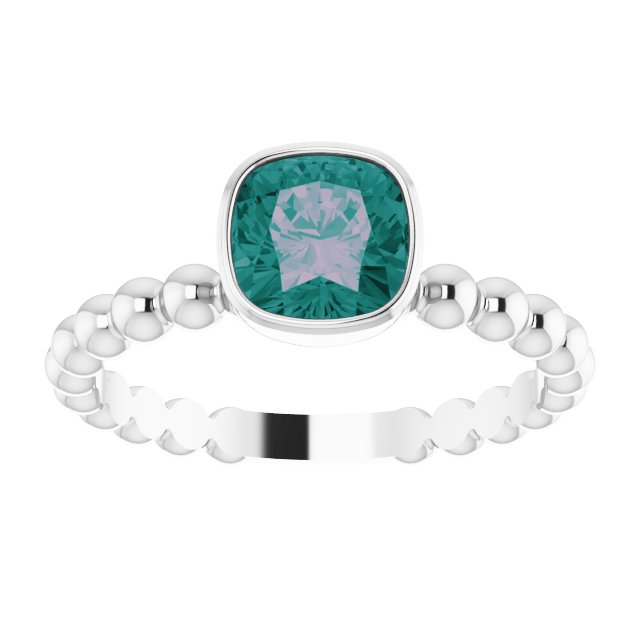 14K Gold Cushion Lab-Grown Alexandrite Family Beaded Stackable Ring - White Gold - view 3