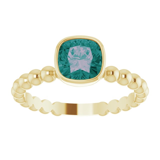 14K Gold Cushion Lab-Grown Alexandrite Family Beaded Stackable Ring - Yellow Gold - view 3