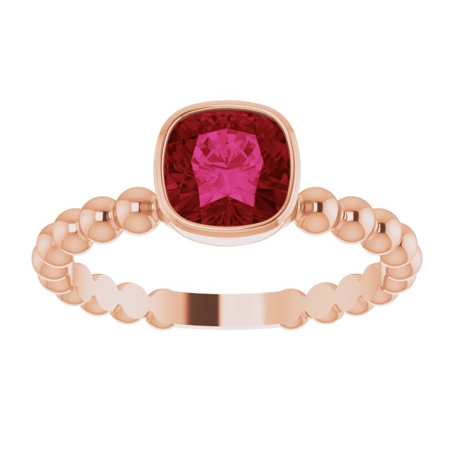 14K Gold Cushion Lab-Grown Ruby Family Beaded Stackable Ring - Rose Gold - view 3