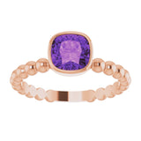14K Gold Cushion Natural Amethyst Family Beaded Stackable Ring - Rose Gold - view 3