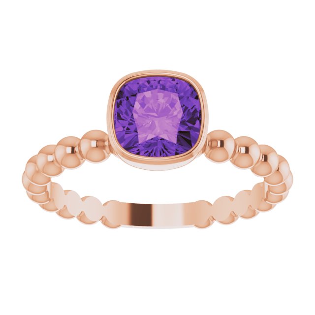 14K Gold Cushion Natural Amethyst Family Beaded Stackable Ring - Rose Gold - view 3