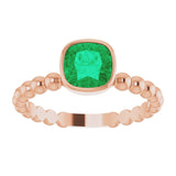 14K Gold Cushion Lab-Grown Emerald Family Beaded Stackable Ring - Rose Gold - view 3