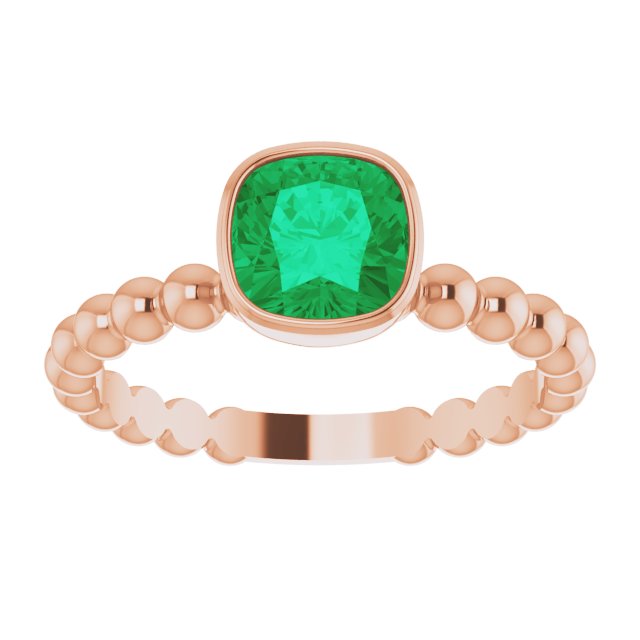 14K Gold Cushion Lab-Grown Emerald Family Beaded Stackable Ring - Rose Gold - view 3