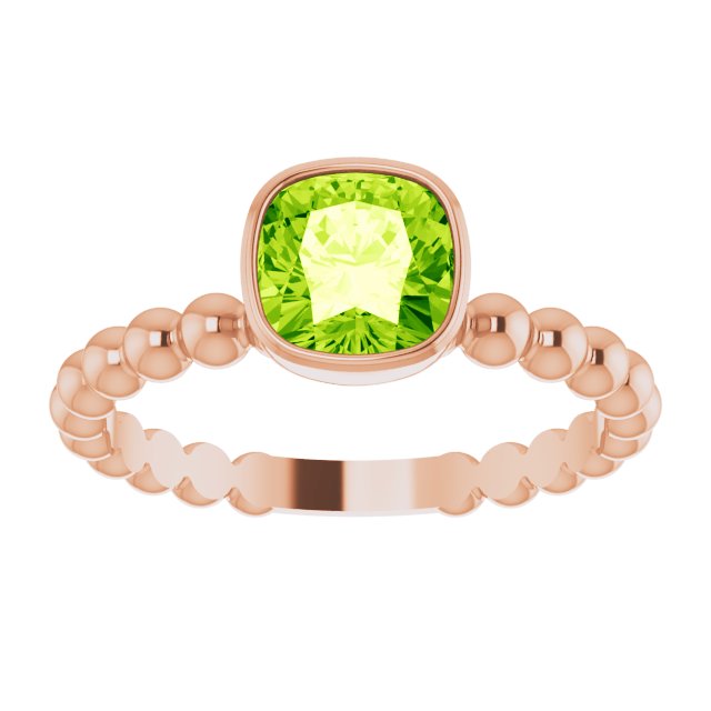 14K Gold Cushion Natural Peridot Family Beaded Stackable Ring - Rose Gold - view 3