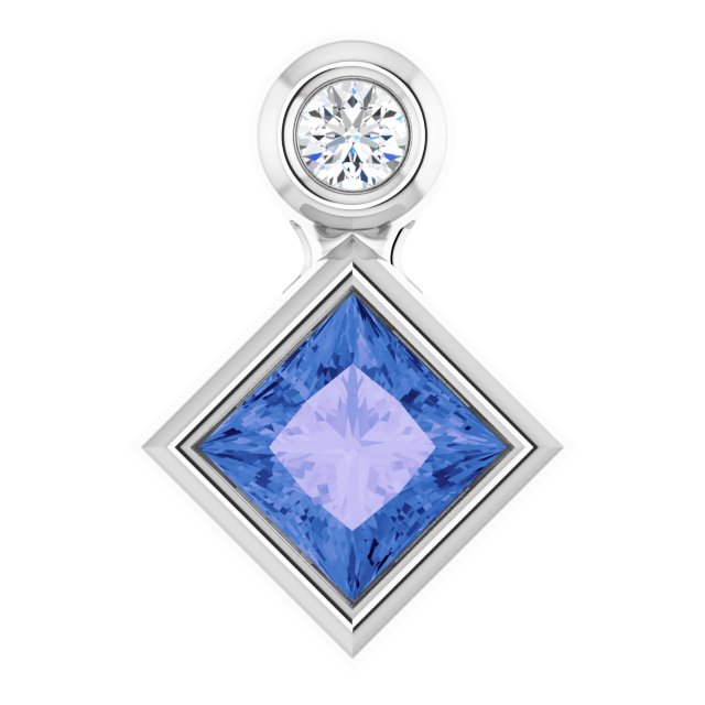 Platinum Square Natural Tanzanite Bezel-Set Necklace or Slide Pendant