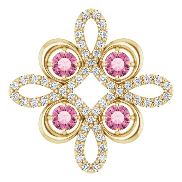 14K Gold Round Natural Pink Tourmaline Clover Necklace or Pendant - Yellow Gold