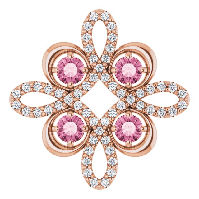 14K Gold Round Natural Pink Tourmaline Clover Necklace or Pendant - Rose Gold