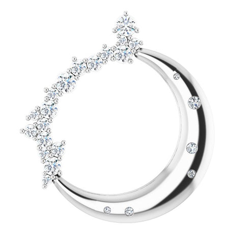 14K Gold Round Natural Diamond Crescent Moon Necklace or Pendant - White Gold