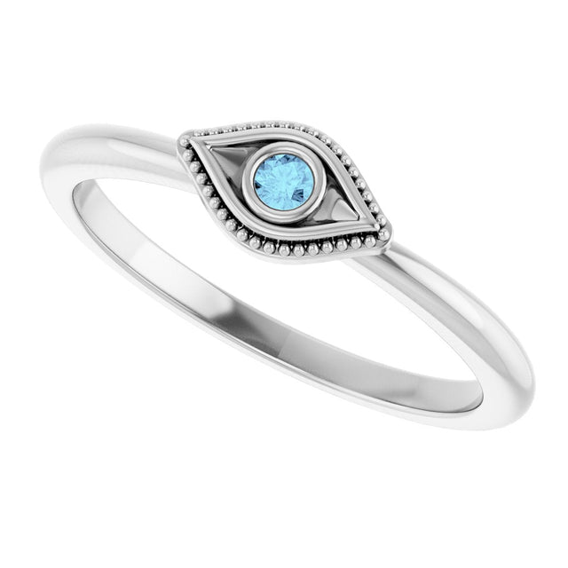 14K Gold Round Natural Aquamarine Stackable Evil Eye Ring - White Gold - view 5