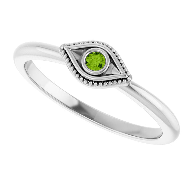 Platinum Round Natural Peridot Stackable Evil Eye Ring - view 5