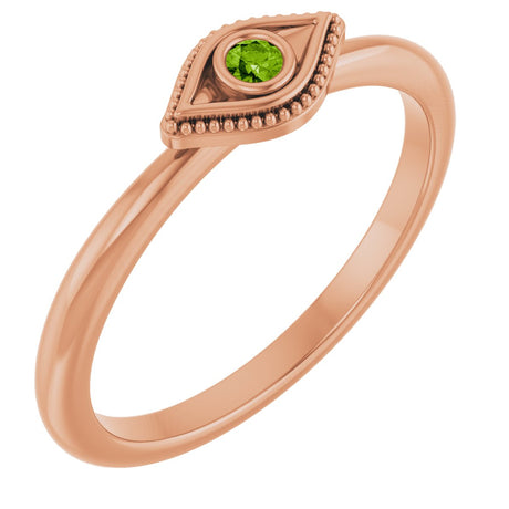 14K Gold Round Natural Peridot Stackable Evil Eye Ring - Rose Gold