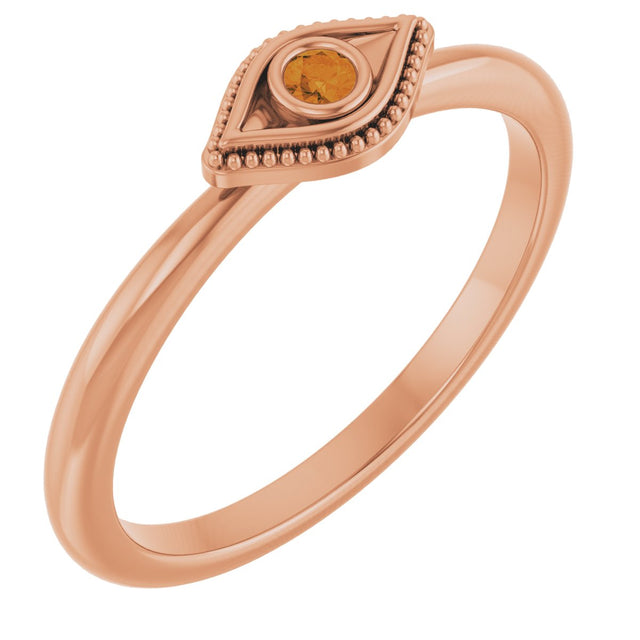 14K Gold Round Natural Citrine Stackable Evil Eye Ring - Rose Gold