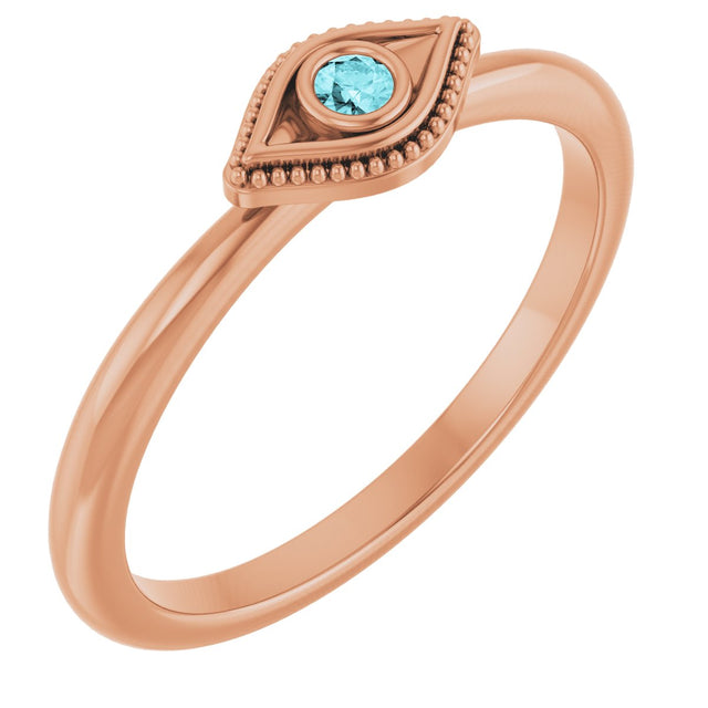 14K Gold Round Natural Blue Zircon Stackable Evil Eye Ring - Rose Gold