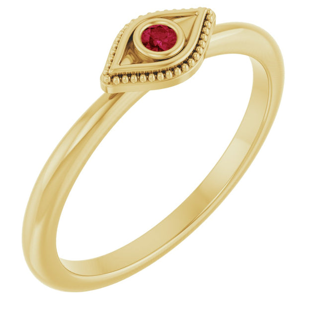 14K Gold Round Lab-Grown Ruby Stackable Evil Eye Ring - Yellow Gold
