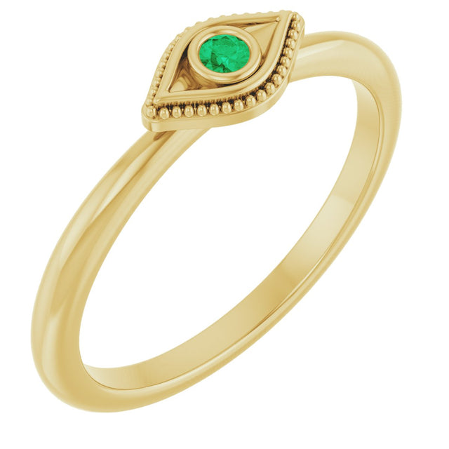 14K Gold Round Natural Emerald Stackable Evil Eye Ring - Yellow Gold