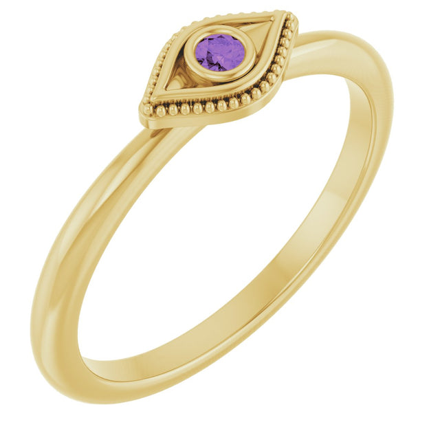 14K Gold Round Natural Amethyst Stackable Evil Eye Ring - Yellow Gold