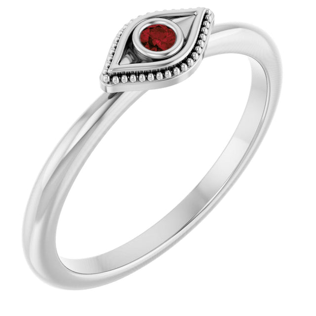 14K Gold Round Natural Mozambique Garnet Stackable Evil Eye Ring - White Gold