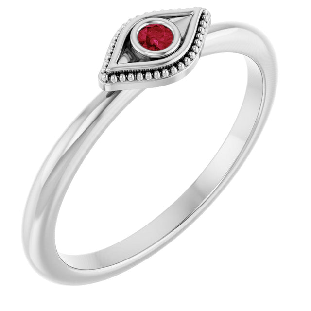 Platinum Round Lab-Grown Ruby Stackable Evil Eye Ring