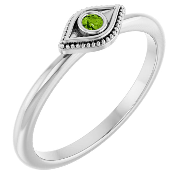Platinum Round Natural Peridot Stackable Evil Eye Ring