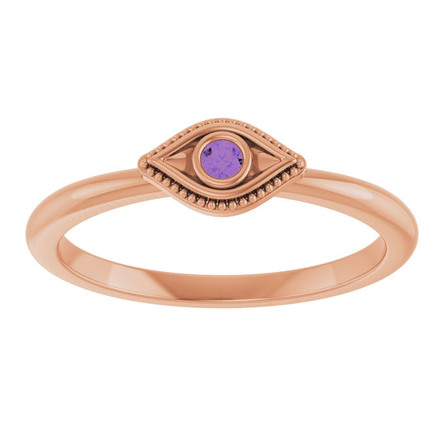 14K Gold Round Natural Amethyst Stackable Evil Eye Ring - Rose Gold - view 3