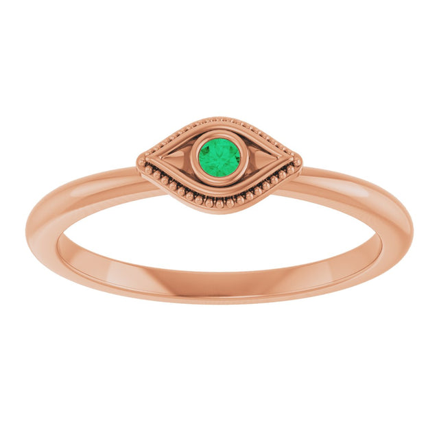 14K Gold Round Lab-Grown Emerald Stackable Evil Eye Ring - Rose Gold - view 3