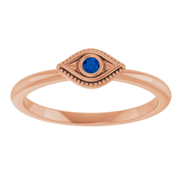 14K Gold Round Natural Blue Sapphire Stackable Evil Eye Ring - Rose Gold - view 3
