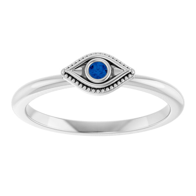 Platinum Round Lab-Grown Blue Sapphire Stackable Evil Eye Ring - view 3