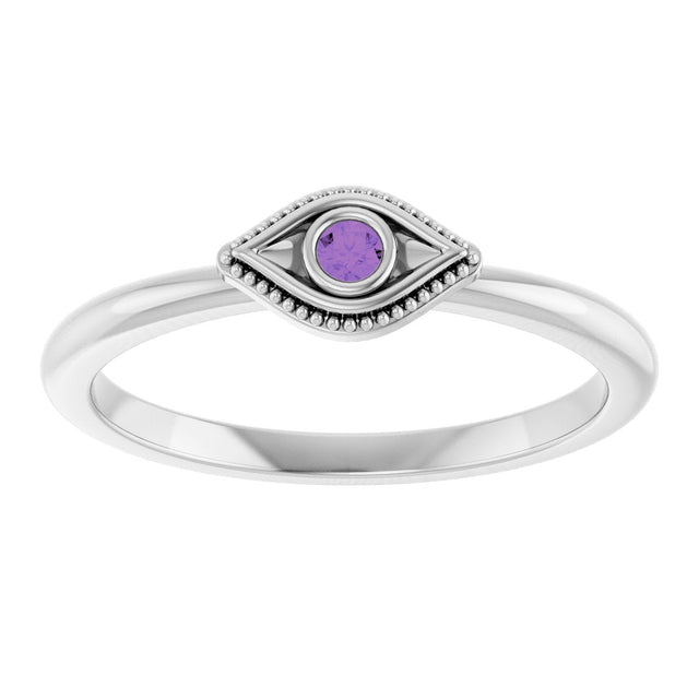 Platinum Round Natural Amethyst Stackable Evil Eye Ring - view 3