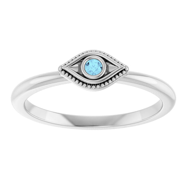 Platinum Round Natural Aquamarine Stackable Evil Eye Ring - view 3