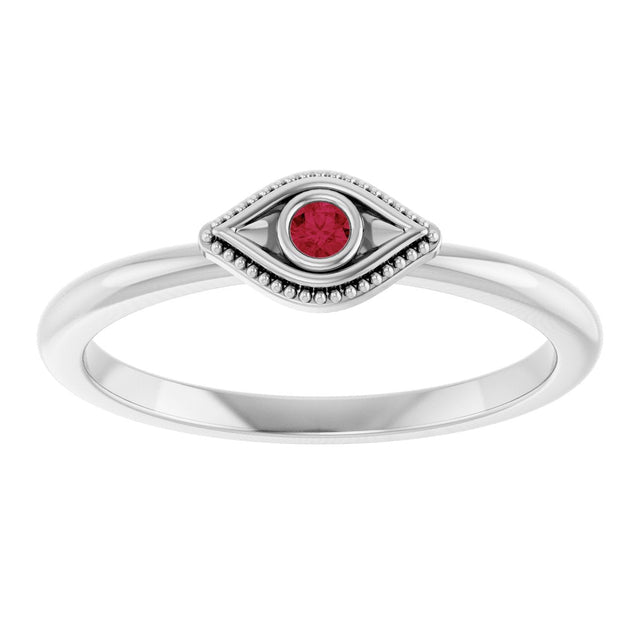 14K Gold Round Lab-Grown Ruby Stackable Evil Eye Ring - White Gold - view 3